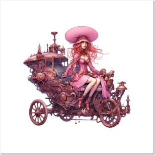 Pink Steampunk Woman in Carriage Posters and Art